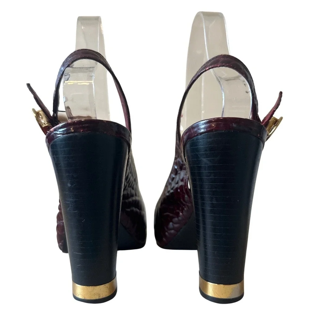 Tory Burch Allison Croc Patent Slingback Peep Toe‎ Block Heels 8 Bordeaux